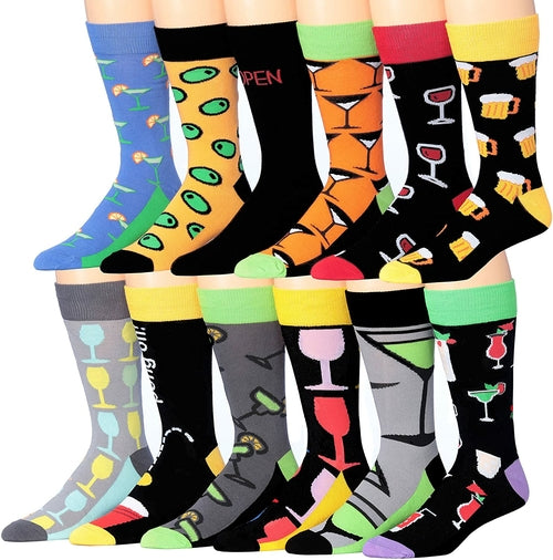 James Fiallo Men's 12-Pack of Crew Socks with Playful Facial Expressions and Striped, Vibrant Colors