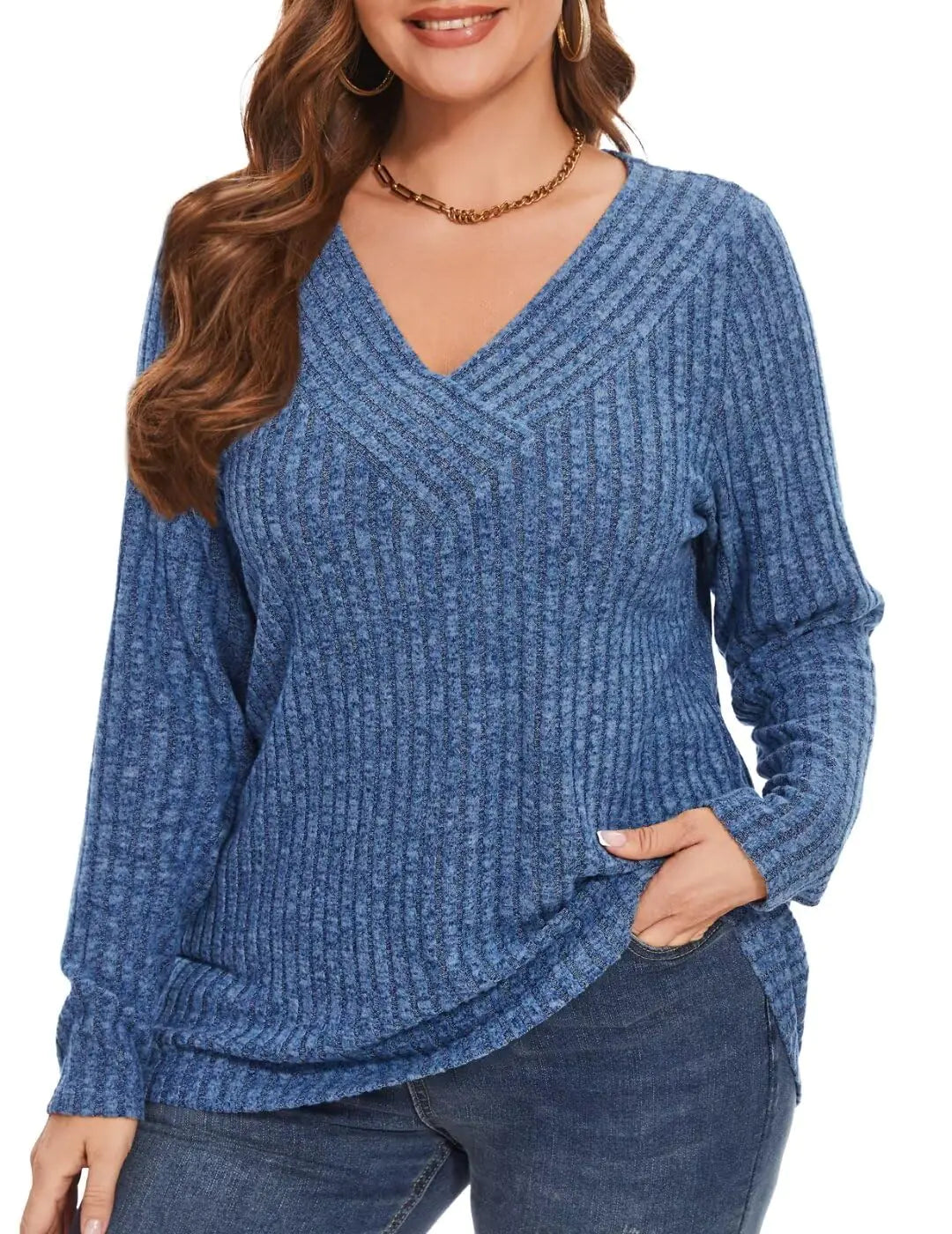 MONNURO Plus Size Women's Long Sleeve Sweater Top – V-Neck, Loose Fit, Comfortable and Stylish