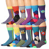 James Fiallo Men's 12-Pack of Crew Socks with Playful Facial Expressions and Striped, Vibrant Colors