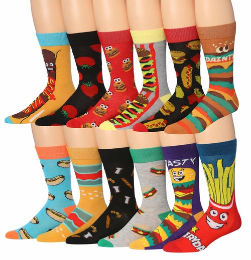 James Fiallo Men's 12-Pack of Crew Socks with Playful Facial Expressions and Striped, Vibrant Colors