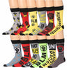 James Fiallo Men's 12-Pack of Crew Socks with Playful Facial Expressions and Striped, Vibrant Colors