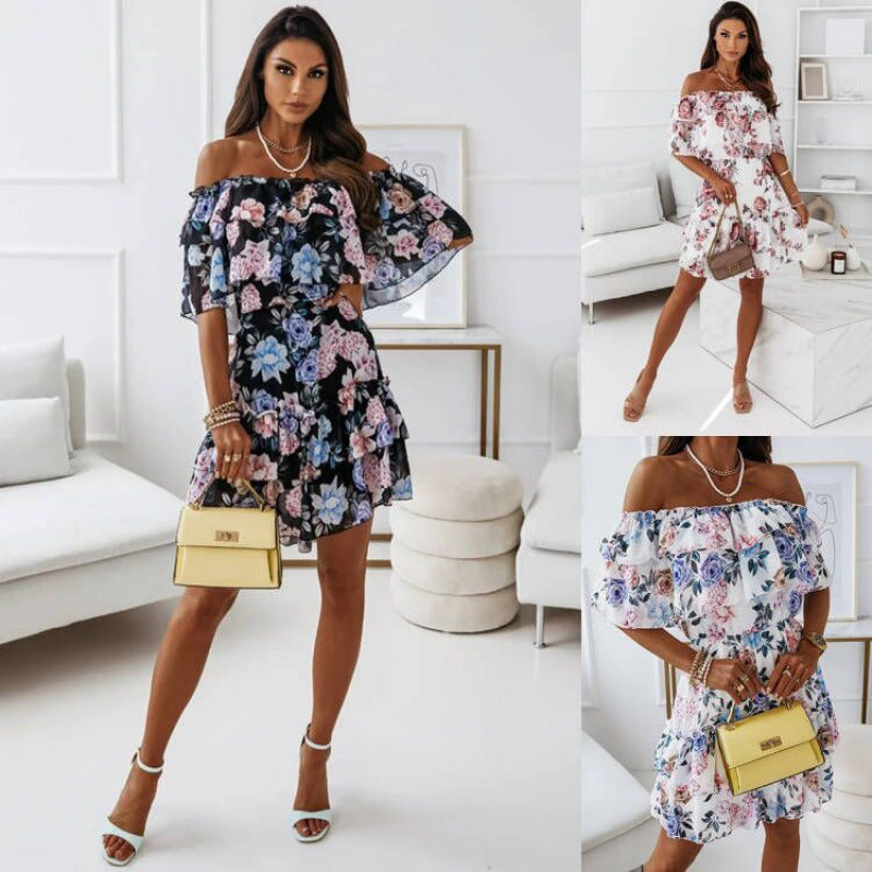 Women's Fashion Casual Off-neck Chiffon Printed Waist Dress