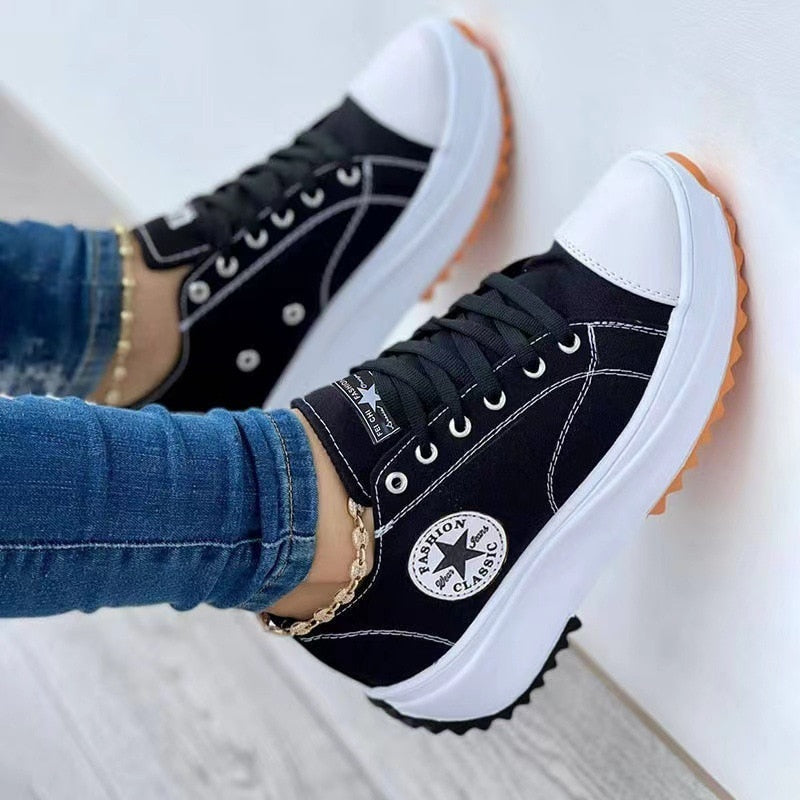 Canvas Casual Women's Sport Shoes with Flat Lace-Up Sneakers Pattern