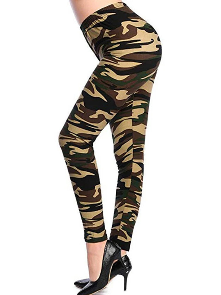 New Army Green Camouflage Printed Women's Fitness Leggings with High Elasticity for Gym Workouts - Skinny Sport Pencil Pants