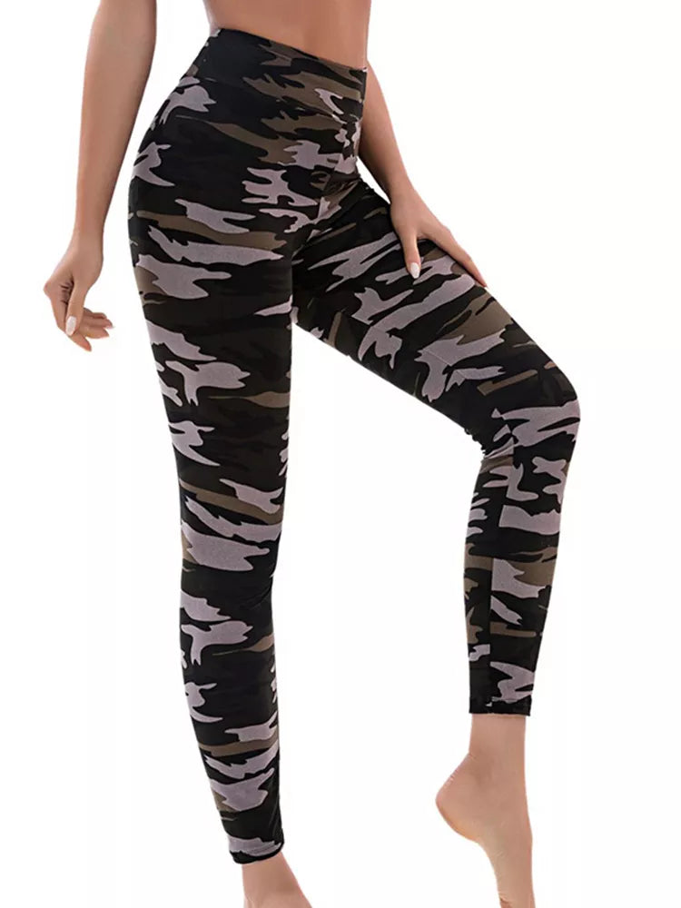 New Army Green Camouflage Printed Women's Fitness Leggings with High Elasticity for Gym Workouts - Skinny Sport Pencil Pants