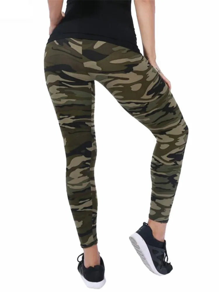 New Army Green Camouflage Printed Women's Fitness Leggings with High Elasticity for Gym Workouts - Skinny Sport Pencil Pants