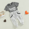 Set of Summer Clothing for Baby Boys: Gray Monogram Print with Short Sleeves