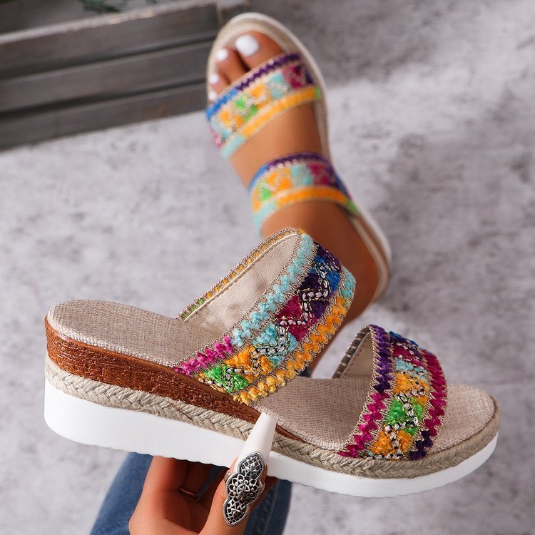 Ethnic Style Woven Sandals: Fashionable Wavy Pattern with Linen Bottom, Wide Strap Wedges for Women in Summer Casual Wear