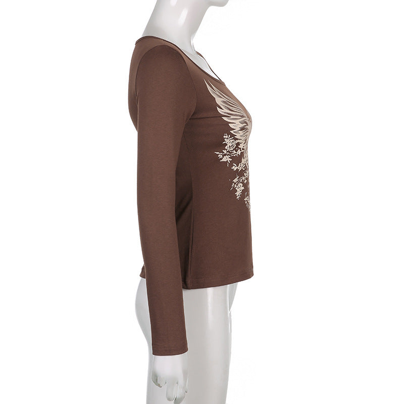 Women's Heart Wings Print Slim Fit Crew Neck Long Sleeve T-shirt