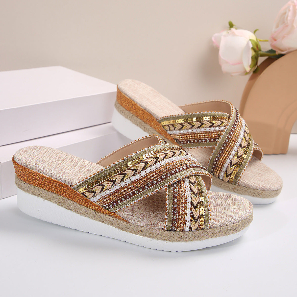 Summer Ethnic Style Linen Wedge Sandals: Non-slip Cross-Strap Slides for Women Beach Shoes