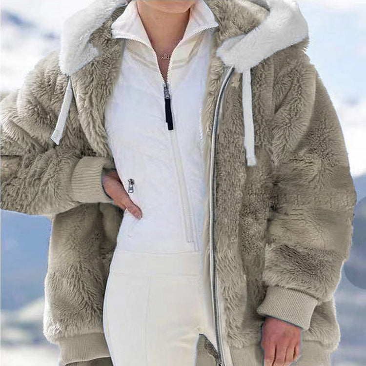 Plush Zipper Hooded Jacket for Women with a Relaxed Fit