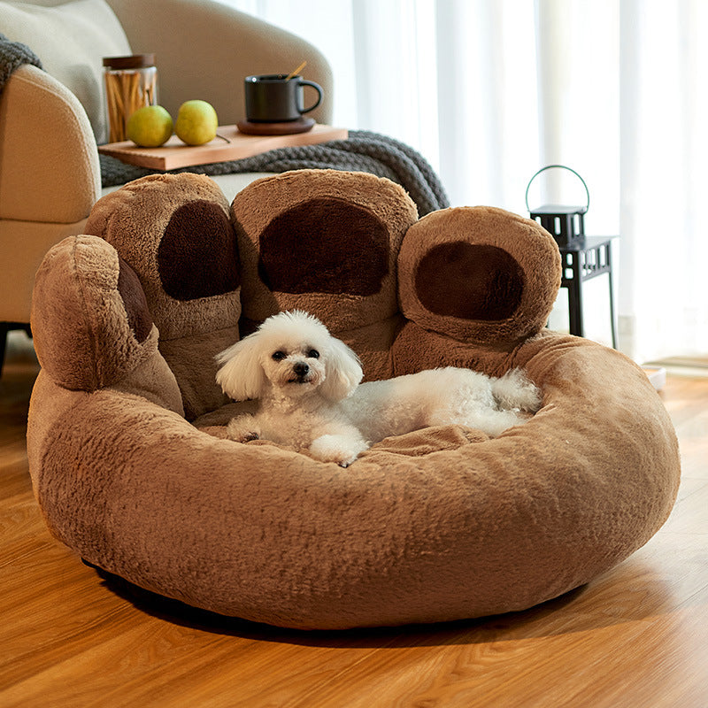 Round Large Pet House with Long Plush Deep Sleeping Area, Bear Paw Shape Super Soft Cushion Calm Beds for Dogs and Cats