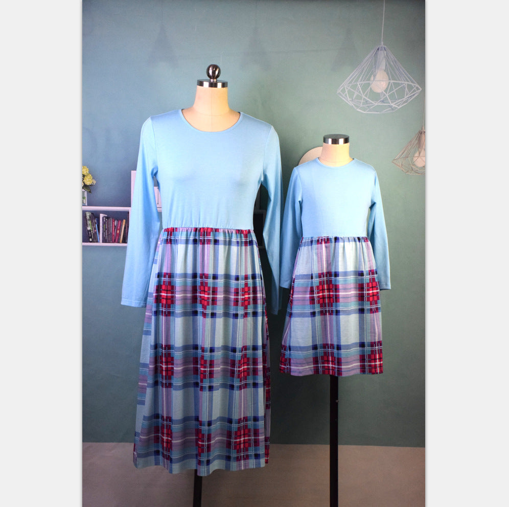 Nine-quarter Sleeve Plaid Mid-length Parent-child Skirt Dress