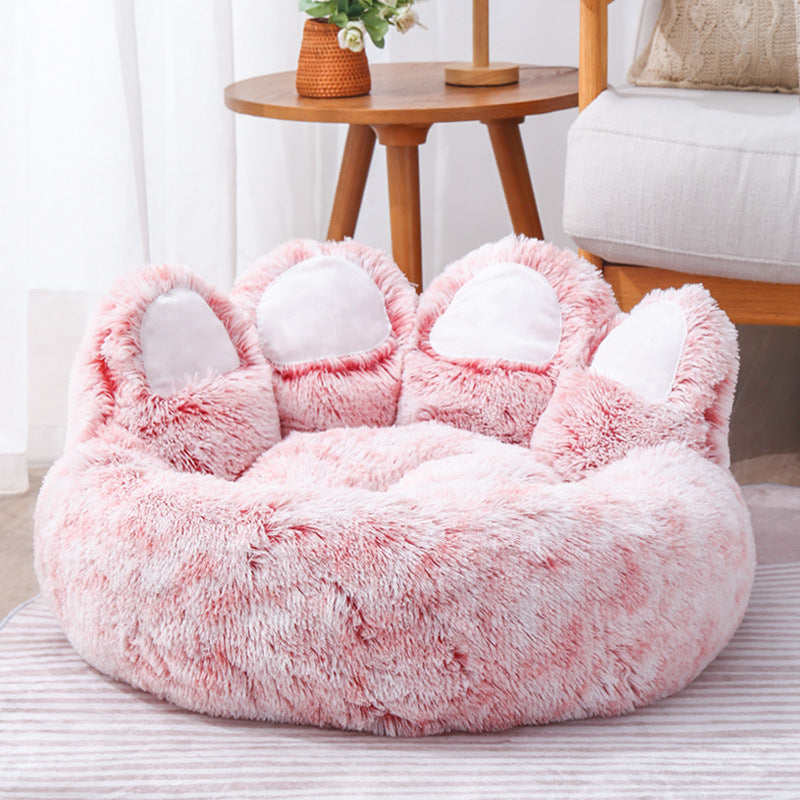 Round Large Pet House with Long Plush Deep Sleeping Area, Bear Paw Shape Super Soft Cushion Calm Beds for Dogs and Cats