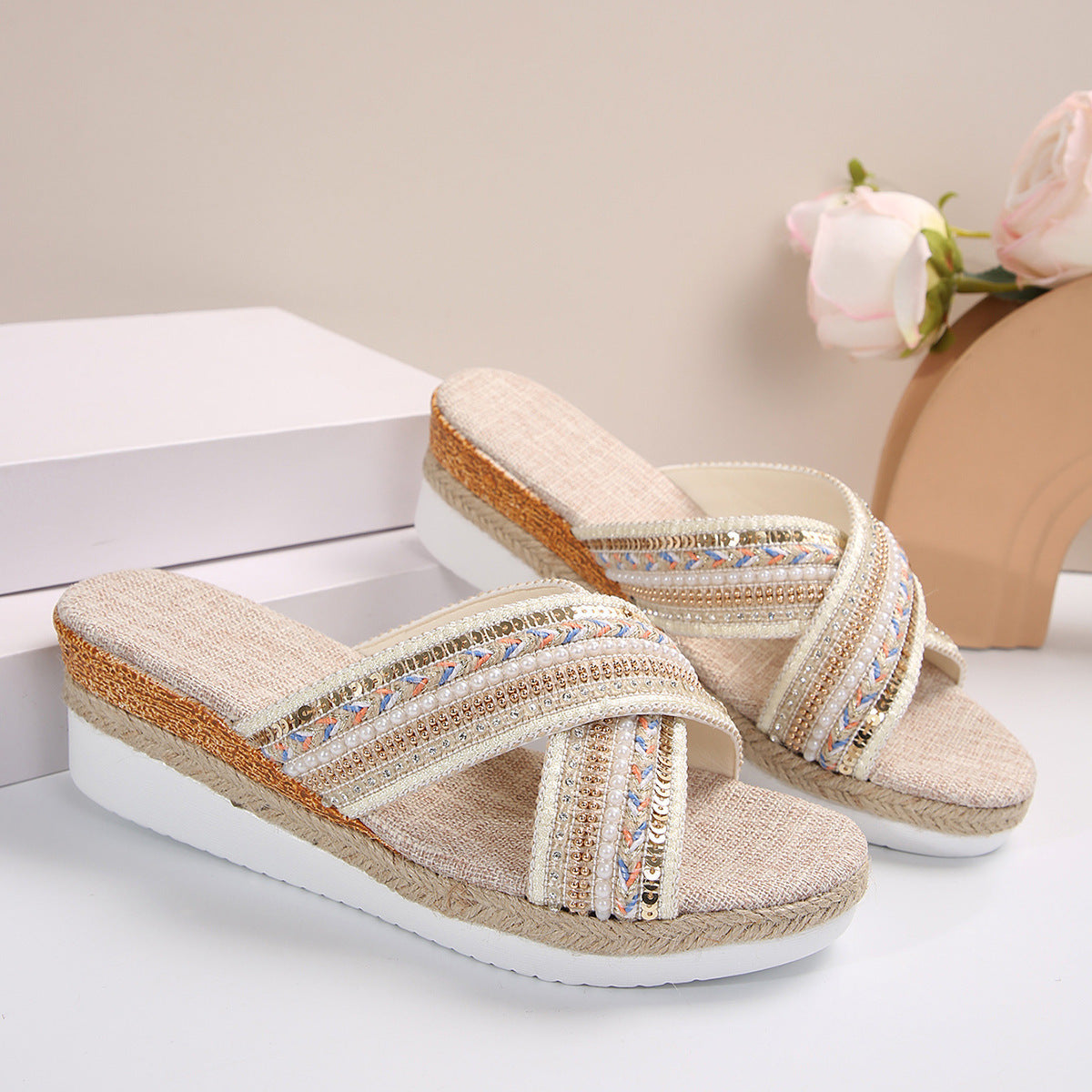 Summer Ethnic Style Linen Wedge Sandals: Non-slip Cross-Strap Slides for Women Beach Shoes