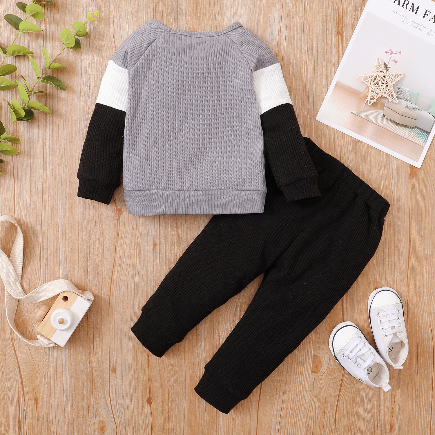 Long Sleeve Letter Print Top Solid Color Trousers Two-piece Set