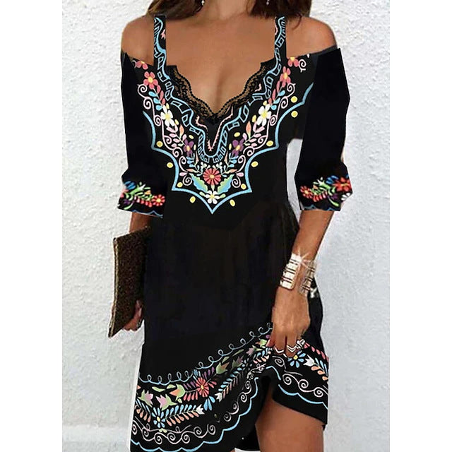 Ethnic Print Embroidered Women's Mid-length Dress