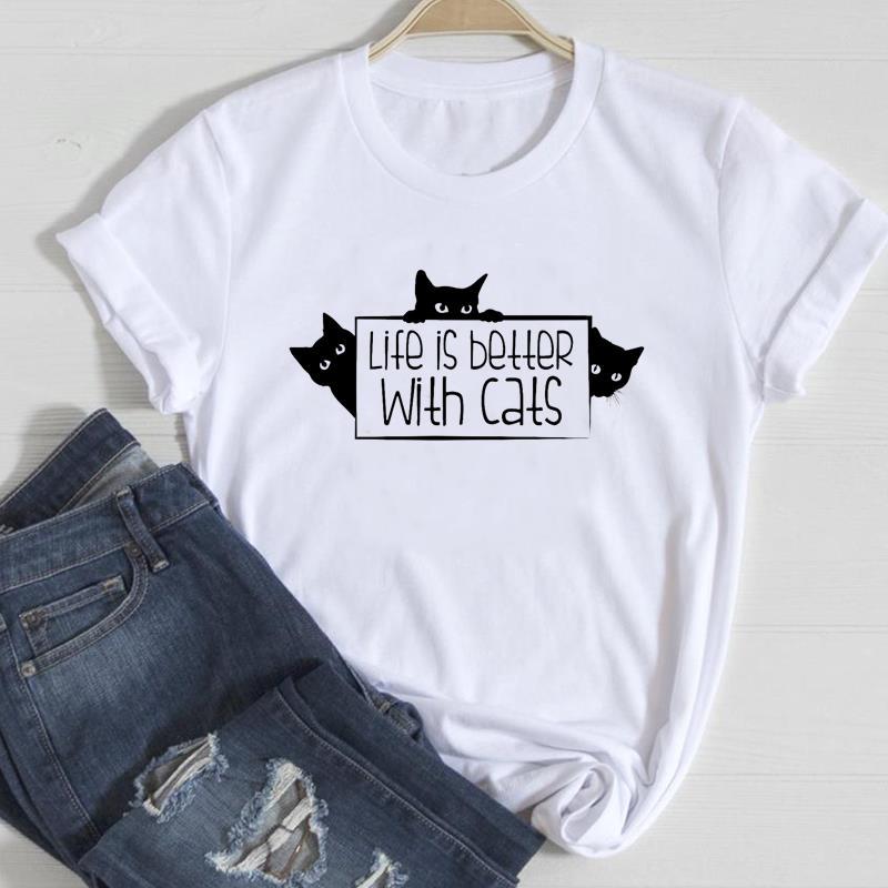 Cat Cute Printed European And American Short Sleeve