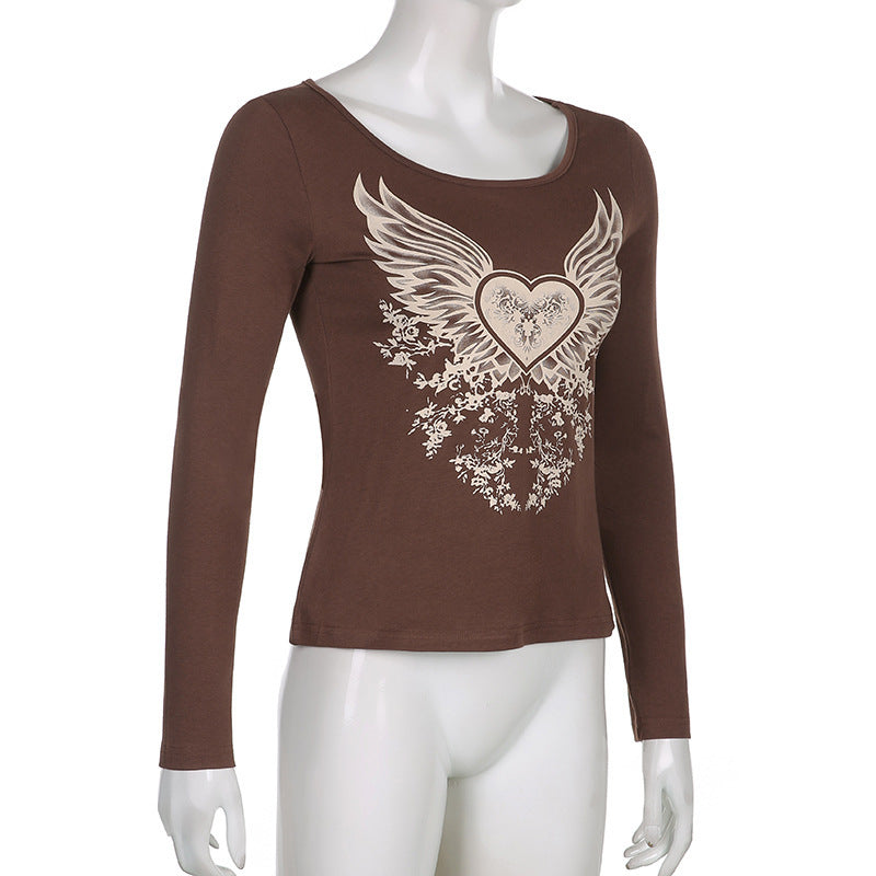 Women's Heart Wings Print Slim Fit Crew Neck Long Sleeve T-shirt