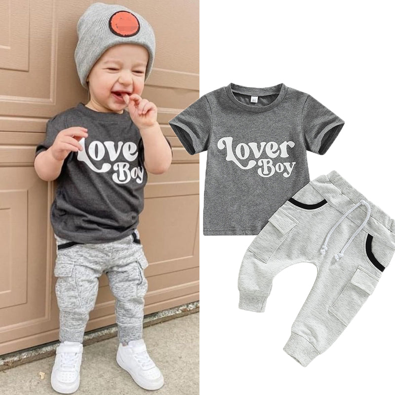 Set of Summer Clothing for Baby Boys: Gray Monogram Print with Short Sleeves