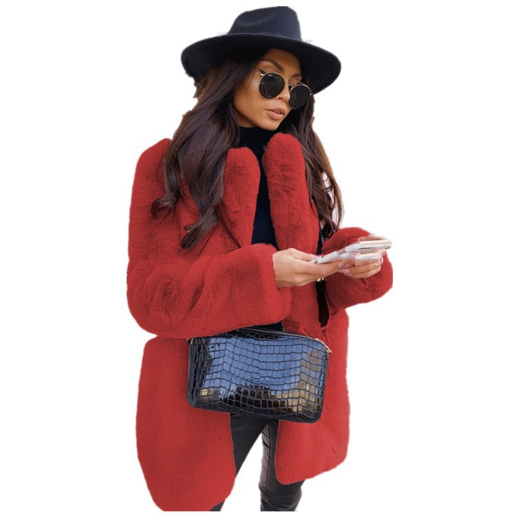 Women's Solid Color Long Sleeve Lapel Faux Fur Coat with a Stylish Temperament