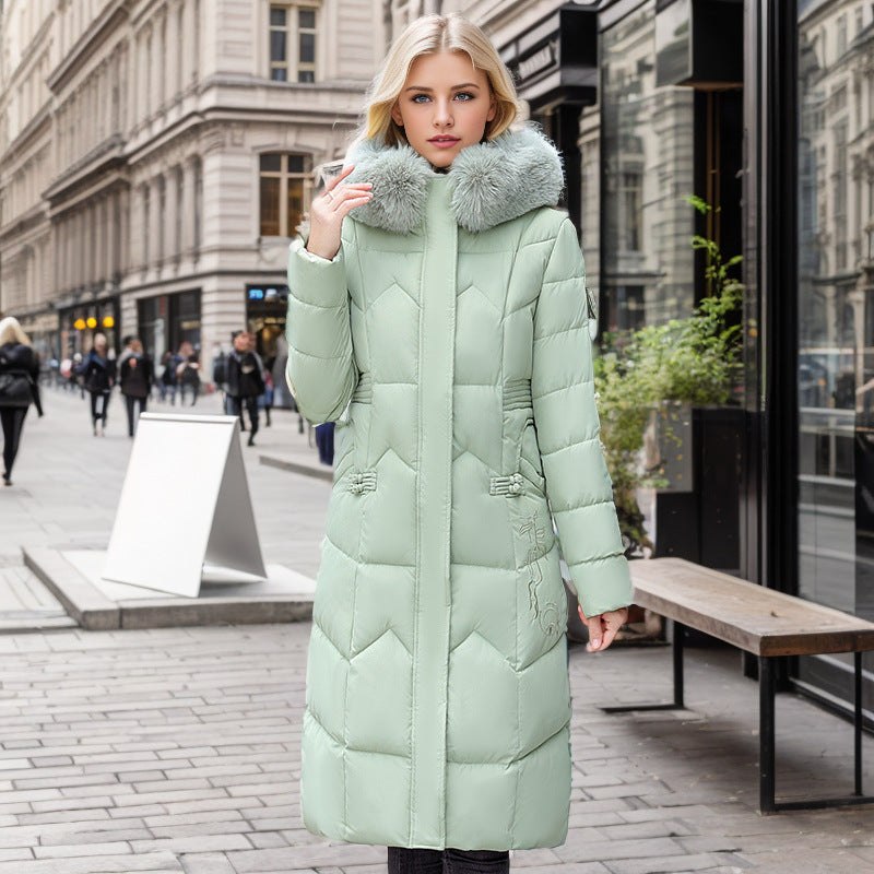 Winter Long Coat With Thickened Fur Collar Straight Slim Cotton-padded Jacket Women