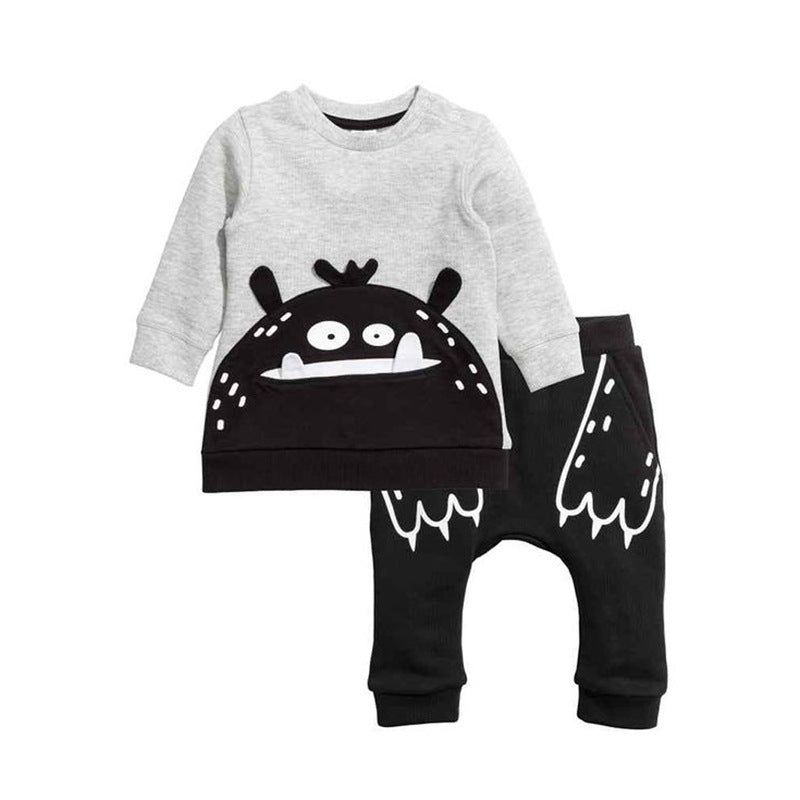 Boys' Long-sleeved Monster Pattern Top And Trousers Two-piece Set