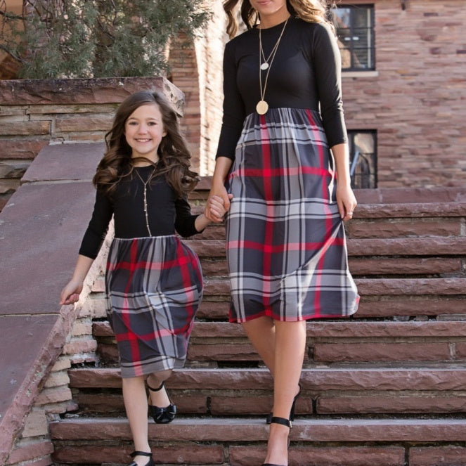 Nine-quarter Sleeve Plaid Mid-length Parent-child Skirt Dress